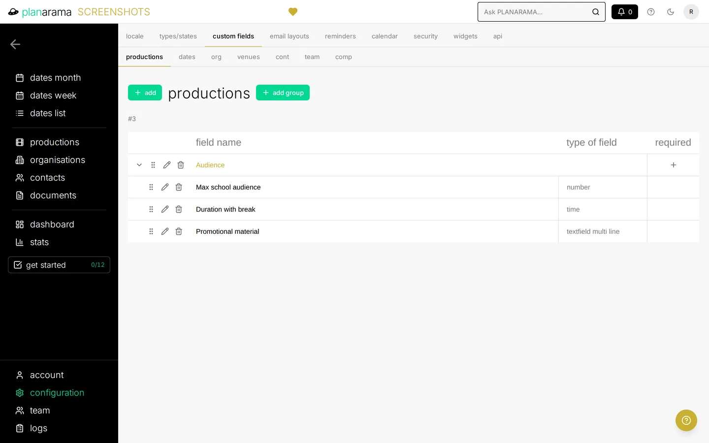The custom fields configuration, showing a group of extra production fields with the field type of each.