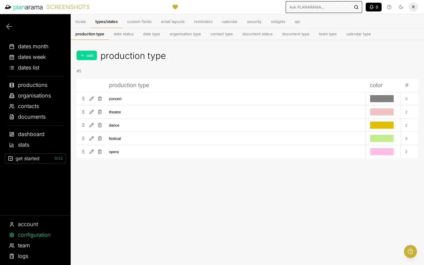The configuration screen for types and statuses, listing the production types concert, theatre, dance, festival and opera, each with its own colour and a count of how often it is used.