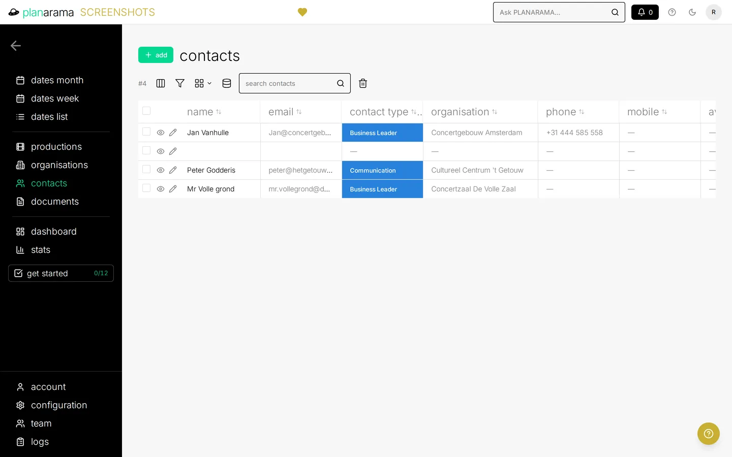 The contacts list, showing each contact's name, email address, contact type and organisation.