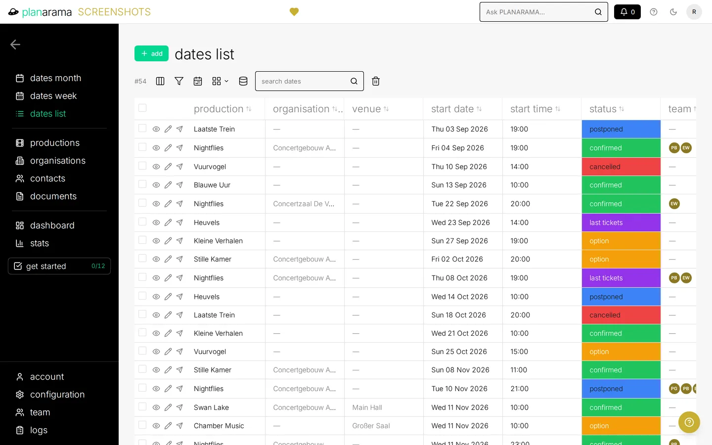The list view of every date, sortable by production, organisation, venue, date, time and status, with colour-coded status labels.
