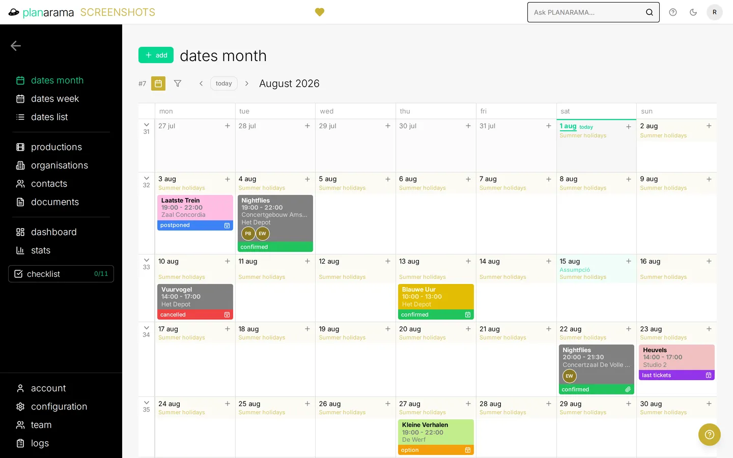 The month calendar, with the scheduled activities per day and a colour-coded status bar on each one.