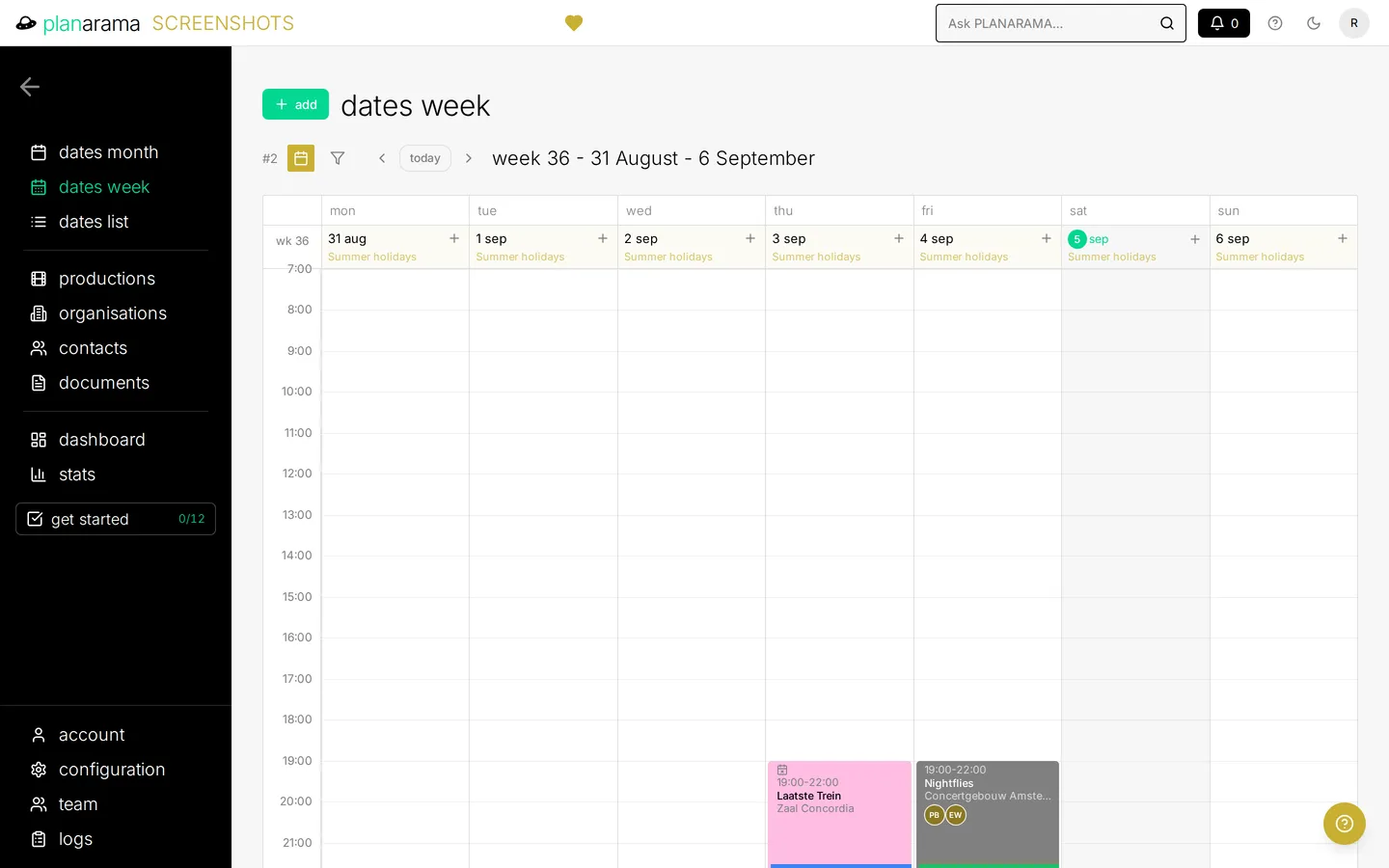 The week view as an hour-by-hour grid from Monday to Sunday, with each activity placed at its start and end time.