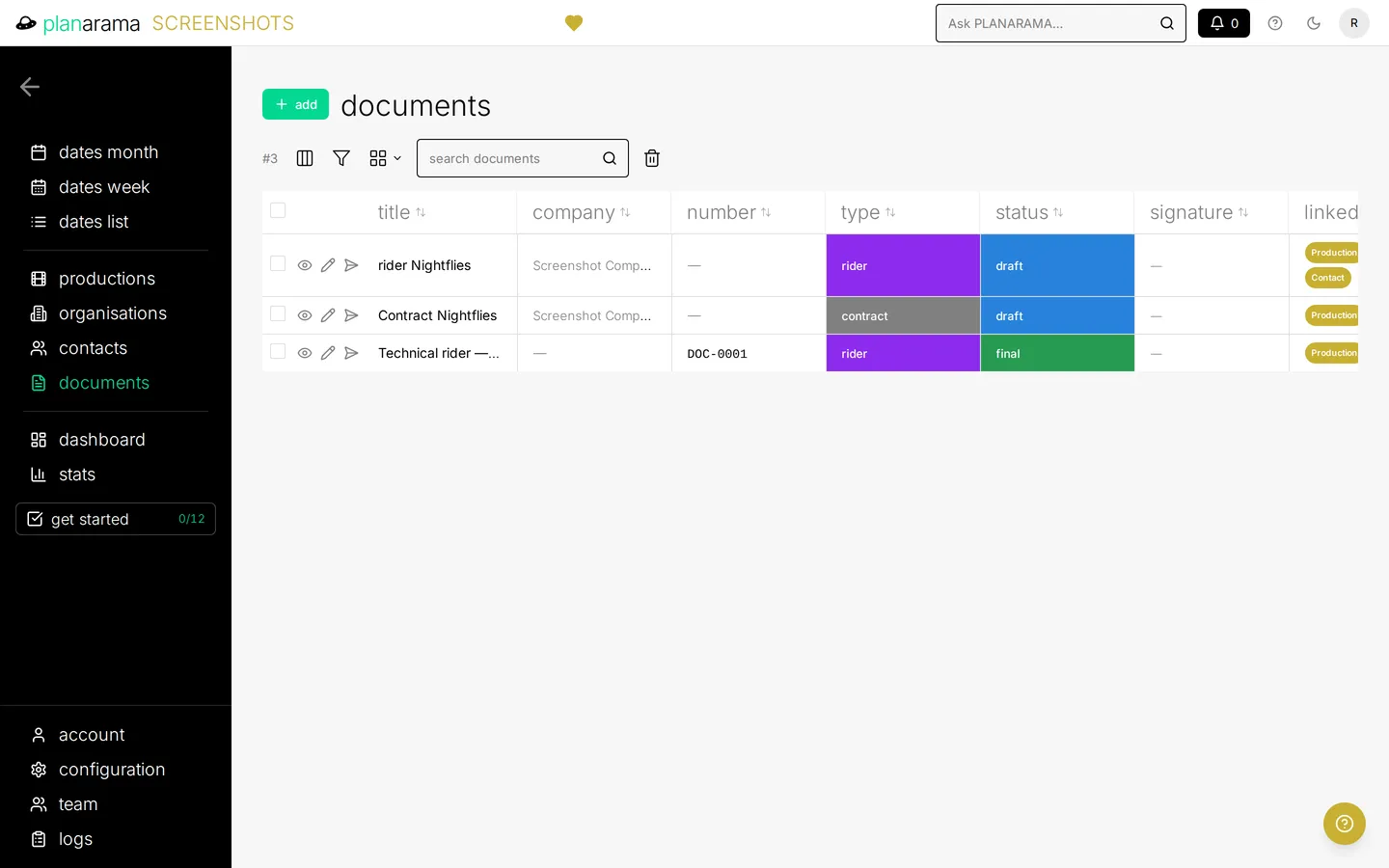The documents list, showing each document's title, number, colour-coded type and status, and the productions and organisations it is linked to.