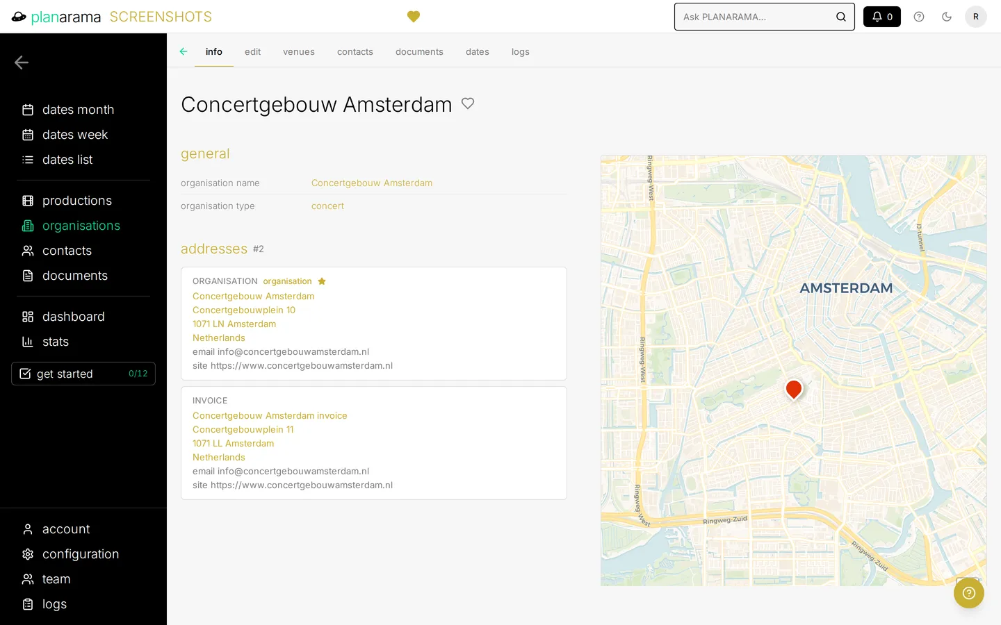 An organisation record showing name, type, street, city, postcode and country, with the venue pinned on a map beside the details.