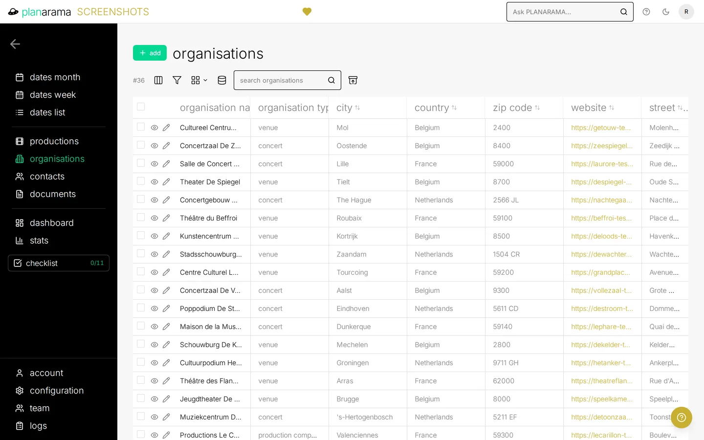 The organisations list, showing each organisation's type, city and country.