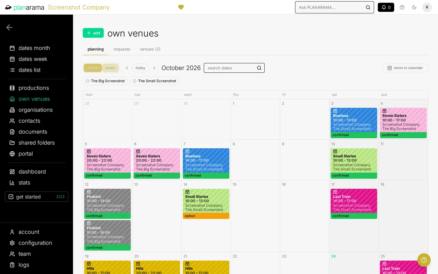 The own venues planning in month view: two venues of a demo company side by side, with rehearsals, build-ups and shows as coloured blocks per day.