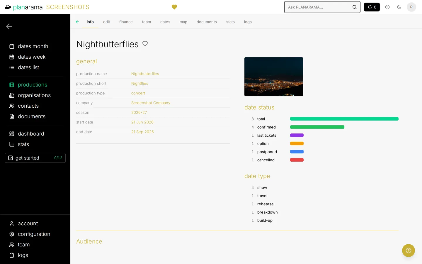 A single production's page, with its general details alongside a breakdown of its dates by status and by type.