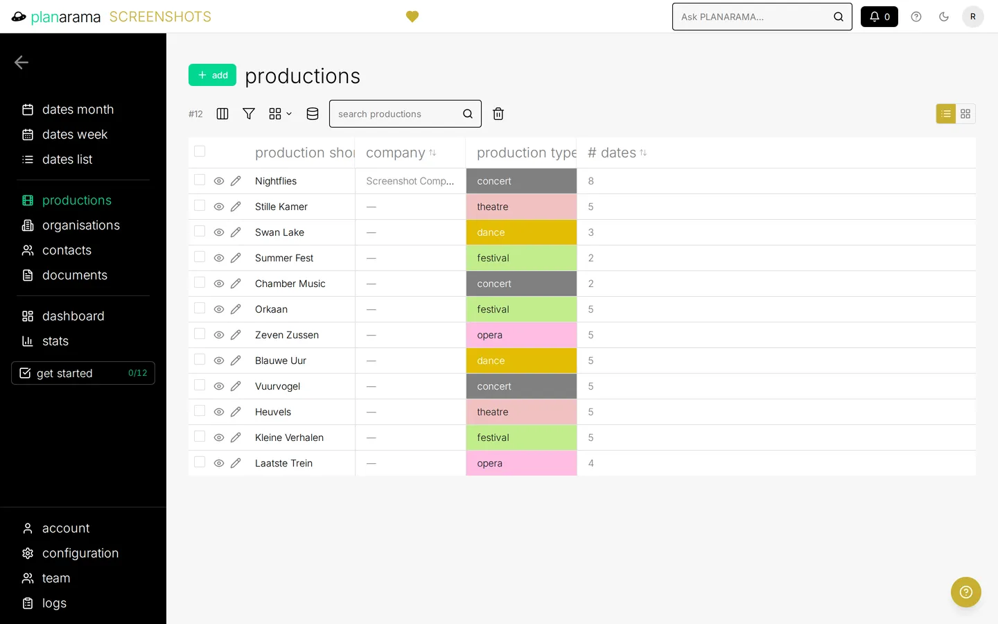 The productions overview, listing each production with its type and its number of scheduled dates.