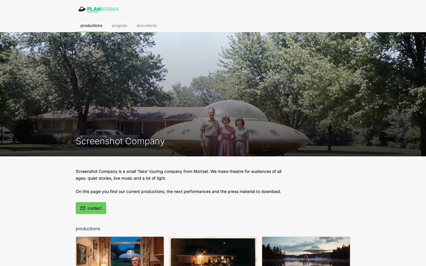 The public portal of a demo theatre company, with a menu for home, program and documents, a cover photo, a short introduction with a contact button, and the start of its list of productions.