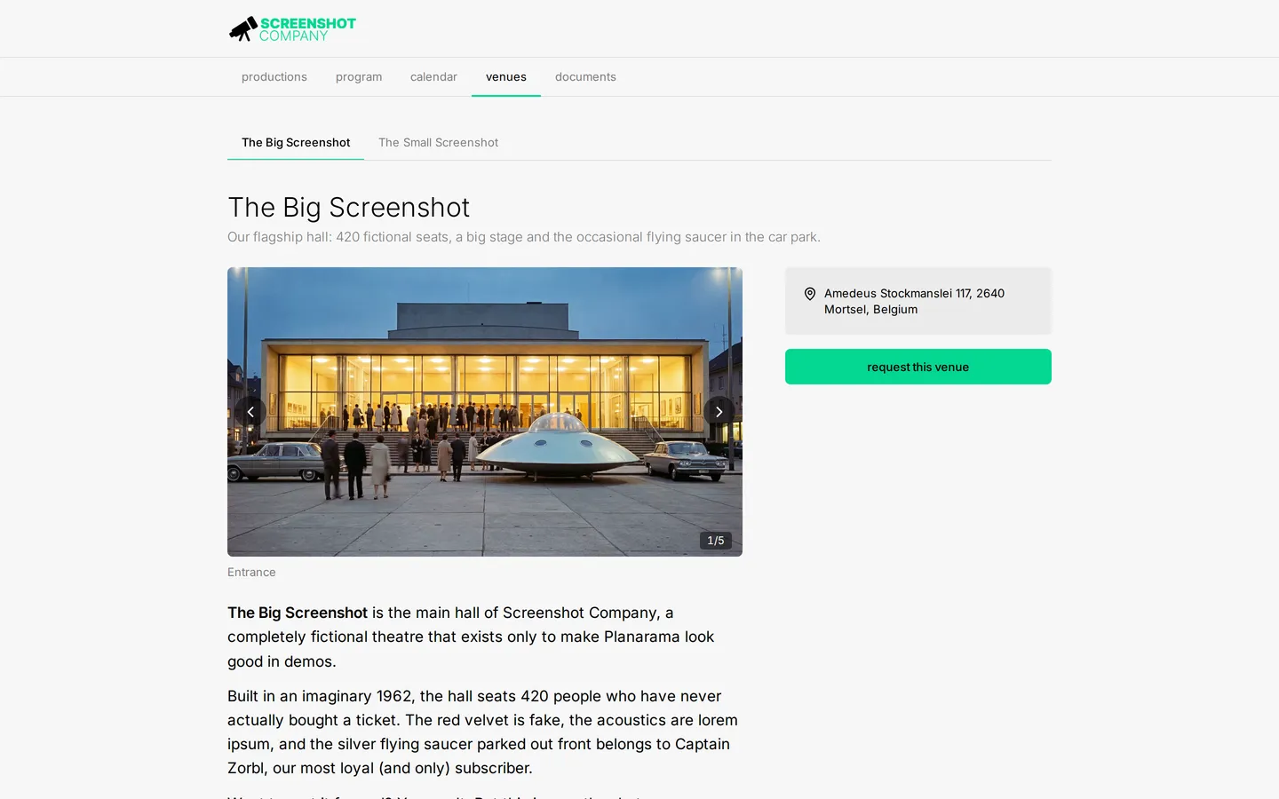 The page of a venue on the public portal of a demo company, with a menu per venue, photos, a short description and technical information.