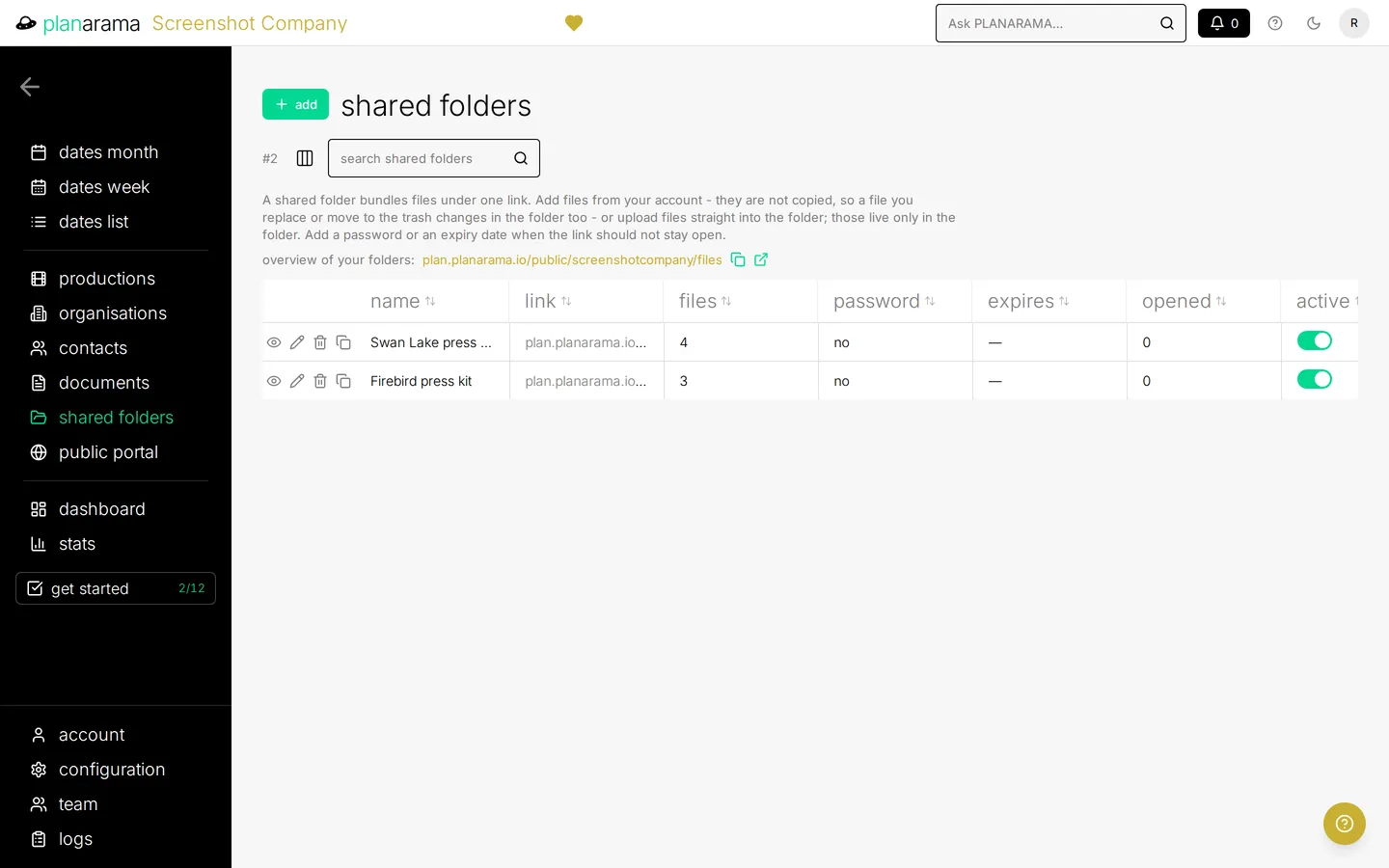 The shared folders list, with two press kits, each showing its public link, the number of files, whether it has a password, its expiry date, how often it was opened and an active switch.