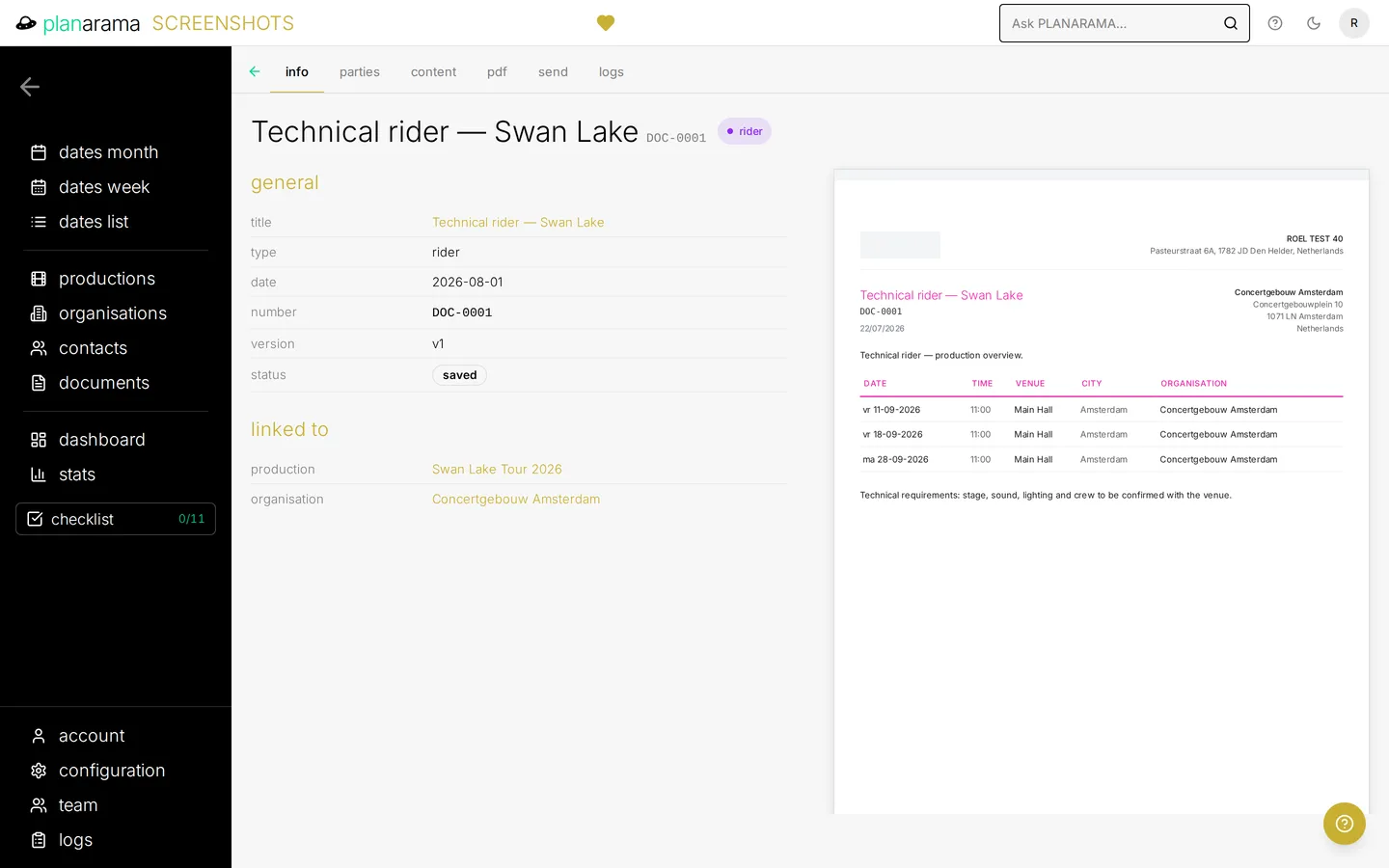 A technical rider document, with its title, type, number and saved status, the production and organisation it is linked to, and a preview of the PDF structure.